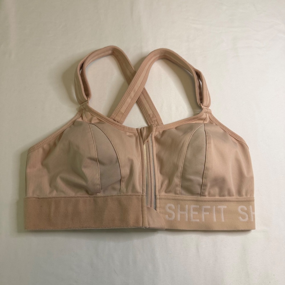 SHEFIT Luxe Sports Bra Sand Tan High Impact Zip Front Adjustable Straps 11000Z